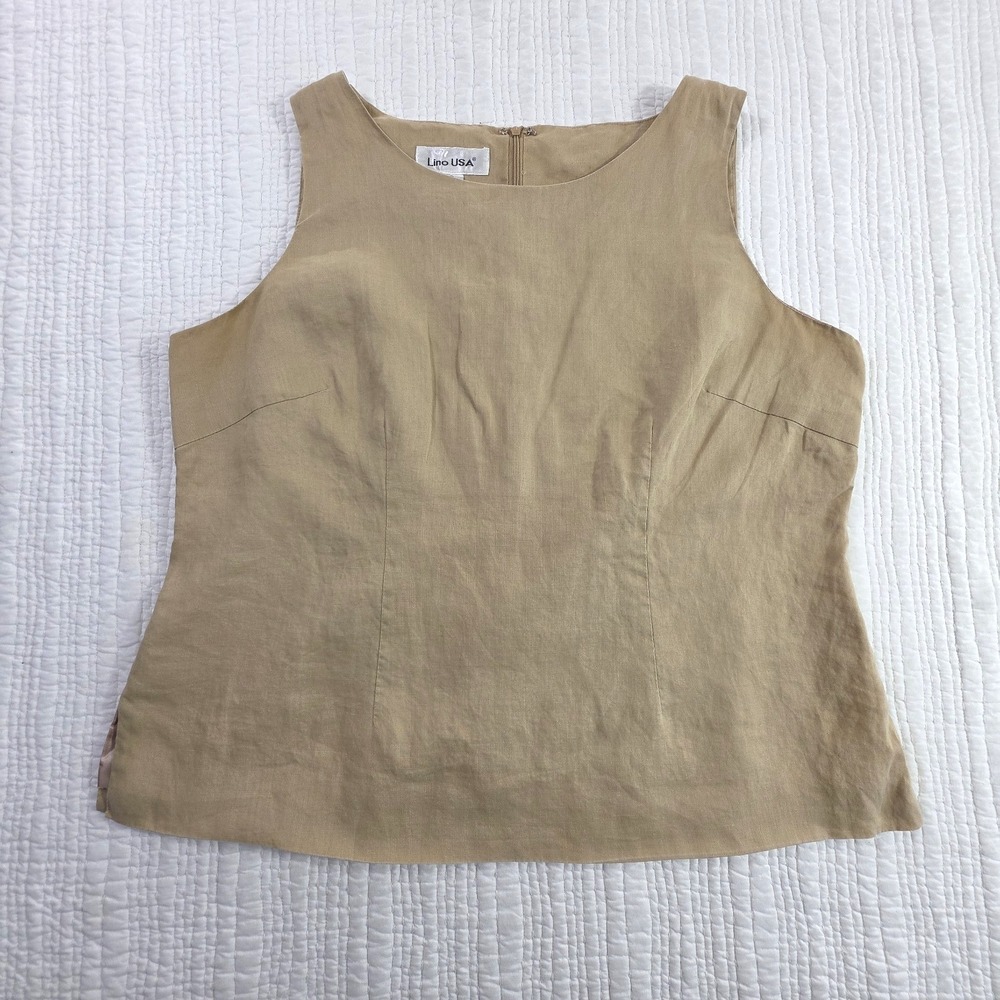 Lino USA 100% Linen Sleeveless Lined Top Women's XL Natural Beige Zip Back EUC
